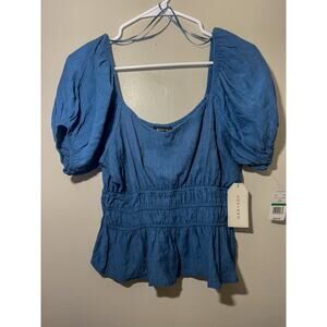 Max + Ash Von Maur Blue Smocked Peplum Top Puff Sleeve Chambray Color NWT Large